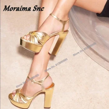 Moraima Snc Altın Platformu Yay Düğüm Sandalet Kadınlar ıçin Katı Kalın Yüksek Topuklu Ayakkabılar Ayak Bileği Toka Burnu açık Yeni Kadın Tıknaz Topuklu