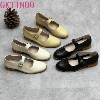 GKTINOO 2023 Yeni Vintage deri kadın ayakkabısı inek derisi yaz kadın ayakkabısı yumuşak rahat Mary Jane ayakkabı