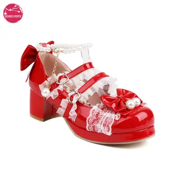 Kadın Tatlı Lolita Ayakkabı İnciler Dize Boncuk Dantel Ayak Bileği Kayışı Patent Deri Mary Jane Platformu Tıknaz Topuklu Parti Yay Pompaları