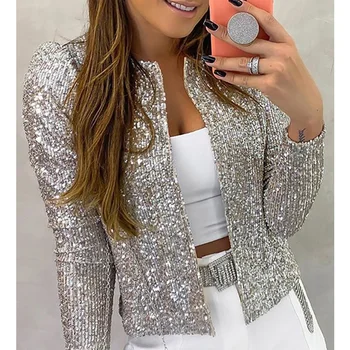Chunchen 2023 Moda Pullu Ceketler Yün Glitter Uzun Kollu Palto Bahar Dış Giyim Ofis Bayanlar Katı Streetwear