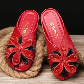 Yaz Deri Sandalet Kadın Düşük topuk Daireler 2023 Yeni Stil Çiçek Hakiki deri ayakkabı Kadın rahat ayakkabılar Kadın Terlik