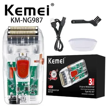 Kemei Km-NG987 Şeffaf Vücut Pistonlu Çift Kesici Kafa Taşınabilir Seyahat Usb Şarj Edilebilir Elektrikli Tıraş Makinesi