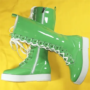 Yeşil Platform Ayakkabı Pompaları Kadın Lace Up Patent Deri Uyluk Yüksek Çizmeler Kadın Kış Yuvarlak Ayak Moda Ayakkabı rahat ayakkabılar