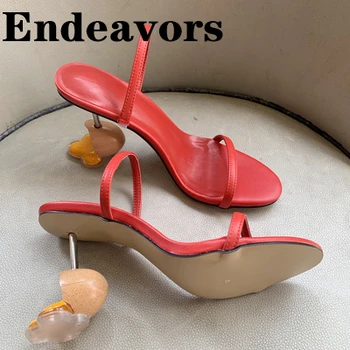 Garip Şekilli Yumurta Kabuğu Topuk Burnu açık Sandalet Fransız Tarzı İnce Yüksek Topuk Kayışı Seksi kadın ayakkabısı Yaz moda terlikler