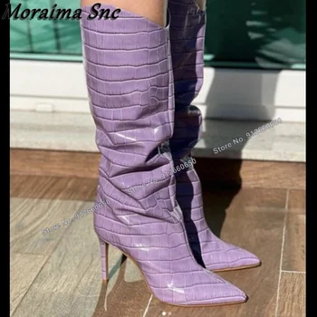 Moraima Snc Mor Kayma Taş Baskı Çizmeler Kadınlar ıçin Sivri Burun Diz Yüksek Çizmeler Stilettos Yüksek Topuklu Pist Ayakkabı Topuk