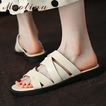 Meotina Kadın Hakiki Deri Sandalet düz ayakkabı Kare Ayak Toka Dar Bant kadın ayakkabıları Kadın Sandalet Yaz Bej 43