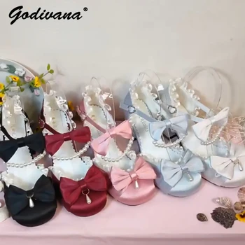 Yeni Bahar Yaz Kızlar Tatlı İnci Katmanlı Ayakkabı Orta Topuk Zarif Sandalet Lolita Yay Küçük Deri Ayakkabı Topuklu 5 Renkler