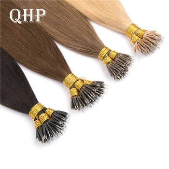 QHP Nano Yüzükler boncuklu postiş 100 % Brezilyalı insan saçı postiş Remy Saç Kahverengi Sarışın Saf Renk 50 İpliklerini 18-24 İnç