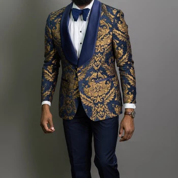 Lacivert Çiçek Jakarlı Balo Erkek Takım Elbise Düğün için 3 Parça Slim Fit Damat Smokin Afrika Erkek Moda Kostüm Ceket Pantolon
