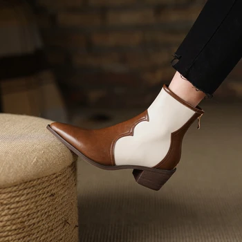 YENİ Sonbahar Ayakkabı Kadın Sivri Burun Tıknaz Topuk Çizmeler Kadınlar için Bölünmüş deri ayakkabı Kış Siyah Batı Çizmeler Rahat kovboy çizmeleri