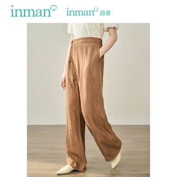 INMAN Kadın Pantolon 2023 Sonbahar Elastik Bel Düz Gevşek Geniş bacak Pantolon Disk Toka Pilili Tasarım Kahve Culottes