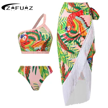 Mayo Kadınlar Vintage Tek omuz Baskı Bikini Saçak Etek Cover Up Brezilyalı bikini seti Plaj Kıyafetleri Yaz Mayo