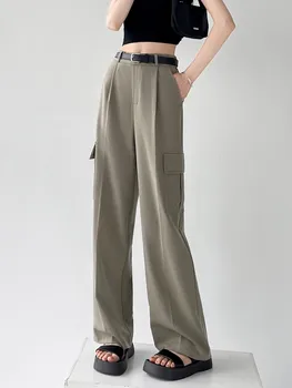 ZHISILAO Yeni Cep Kargo Pantolon Kadınlar Katı Yüksek Bel Geniş Bacak Düz Pantolon İlkbahar Yaz 2023